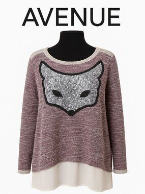 Avenue Fox Sweater Size 18/20 Women's Plus Burgandy Cream Matte Silver Sequins